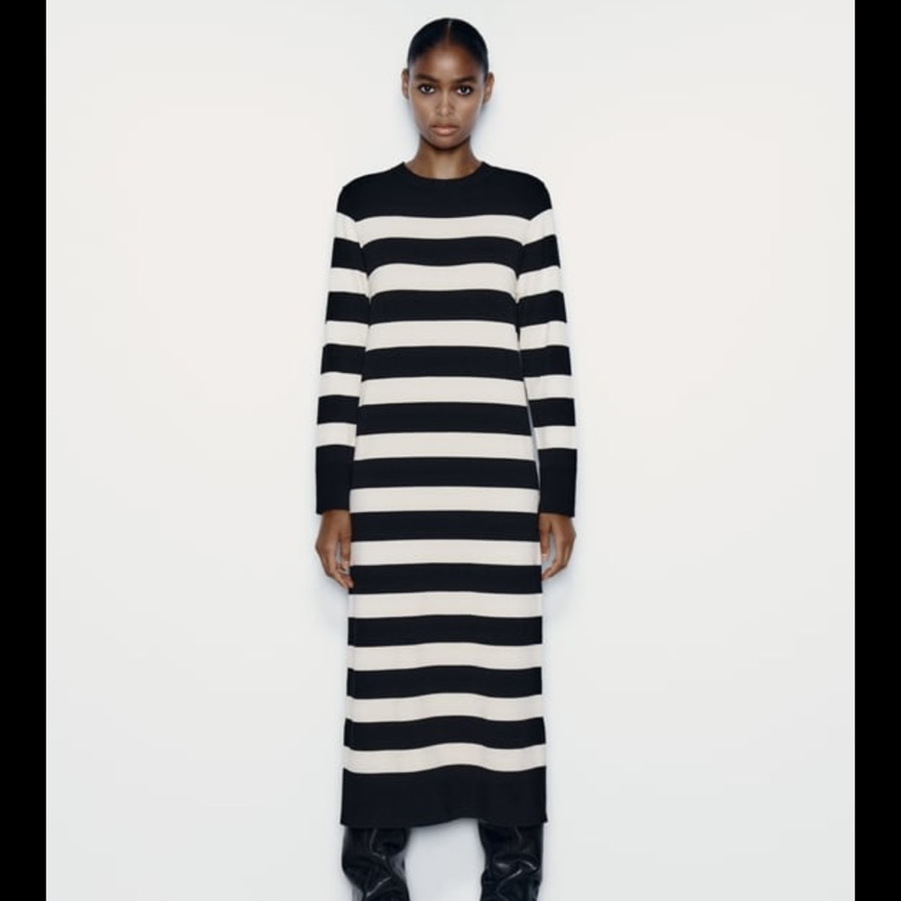 NWT zara striped maxi knit dress size L black and white stripe